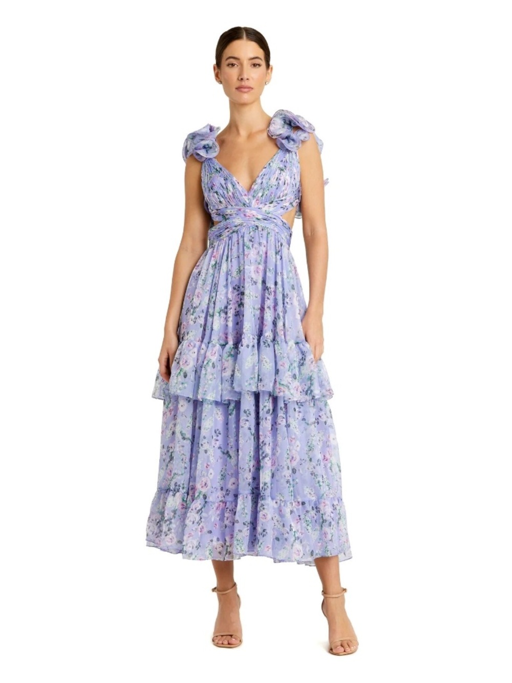 Mac Duggal 56049 Purple Ruffle Tiered Floral Chiffon Midi Dress Size 6 NWT